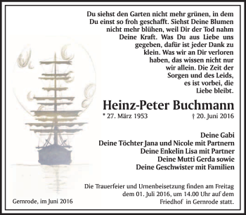 Traueranzeige von Heinz-Peter Buchmann von WVG - Wochenspiegel Quedlinburg