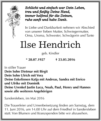 Traueranzeige von Ilse Hendrich von Mitteldeutsche Zeitung Mansfelder Land