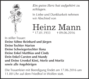 Traueranzeige von Heinz Mann von WVG - Wochenspiegel Bitterfeld