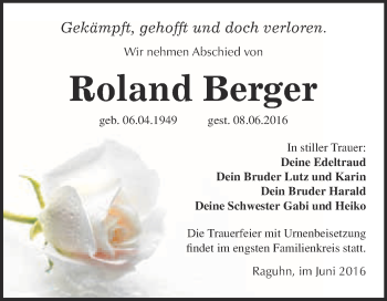 Traueranzeige von Roland Berger von WVG - Wochenspiegel Bitterfeld
