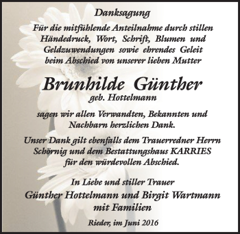 Traueranzeige von Brunhilde Günther von Mitteldeutsche Zeitung Quedlinburg