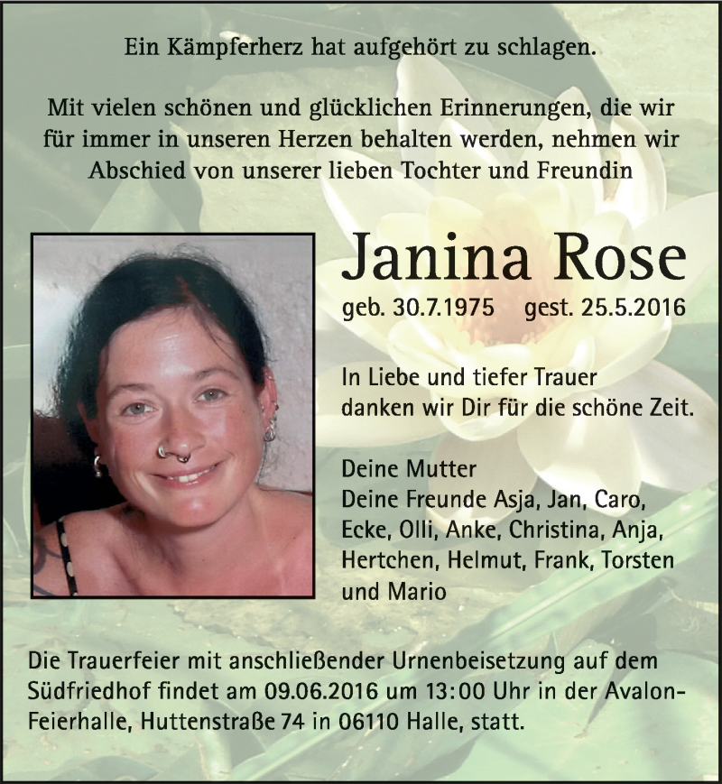  Traueranzeige für Janina Rose vom 03.06.2016 aus Mitteldeutsche Zeitung Halle/Saalkreis