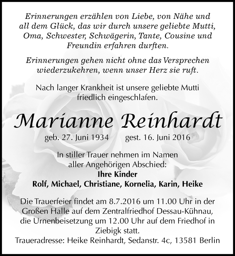 Traueranzeige für Marianne Reinhardt vom 25.06.2016 aus Mitteldeutsche Zeitung Dessau-Roßlau
