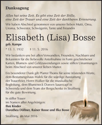 Traueranzeige von Elisabeth Bosse von WVG - Wochenspiegel Quedlinburg