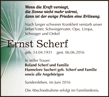 Traueranzeige von Ernst Scherf von Super Sonntag Aschersleben