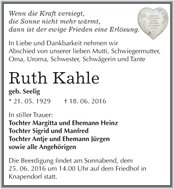 Traueranzeige von Ruth Kahle von Mitteldeutsche Zeitung Merseburg/Querfurt