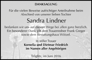 Traueranzeige von Sandra Lindner von Mitteldeutsche Zeitung Zeitz