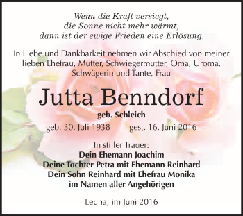 Traueranzeige von Jutta Benndorf von WVG - Wochenspiegel Merseburg