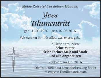 Traueranzeige von Yves Blumentritt von WVG - Wochenspiegel Merseburg