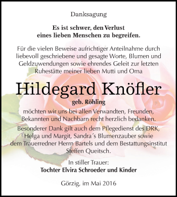 Traueranzeige von Hildegard Knöfler von WVG - Wochenspiegel Dessau / Köthen