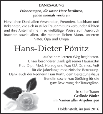 Traueranzeige von Hans-Dieter Pönitz von Super Sonntag SGH Mansf. Land
