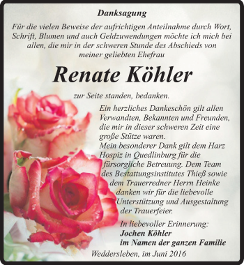 Traueranzeige von Renate Köhler von Mitteldeutsche Zeitung Quedlinburg