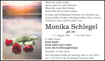 Traueranzeige von Monika Schlegel von WVG - Wochenspiegel NMB / WSF / ZTZ