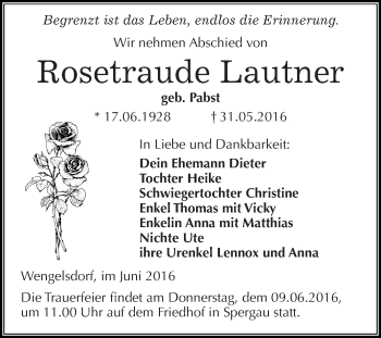 Traueranzeige von Rosetraude Lautner von Super Sonntag Merseburg