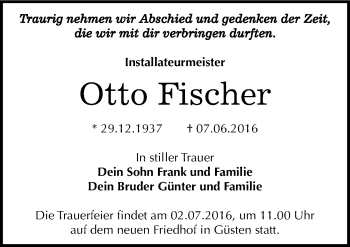 Traueranzeige von Otto Fischer von Mitteldeutsche Zeitung Bernburg