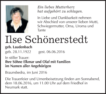 Traueranzeige von Ilse Schönerstedt von WVG - Wochenspiegel Merseburg