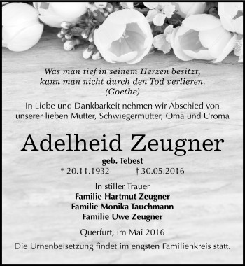 Traueranzeige von Adelheid Zeugner von Mitteldeutsche Zeitung Merseburg/Querfurt
