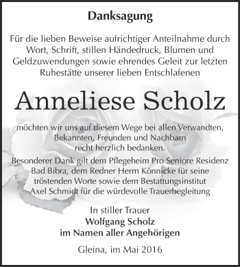 Traueranzeige von Anneliese Scholz von WVG - Wochenspiegel NMB / WSF / ZTZ