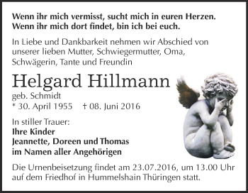 Traueranzeige von Helgard Hillmann von WVG - Wochenspiegel NMB / WSF / ZTZ