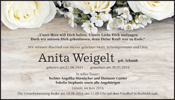 Traueranzeige von Anita Weigelt von Mitteldeutsche Zeitung Weißenfels