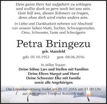 Traueranzeige von Petra Bringezu von Mitteldeutsche Zeitung Bitterfeld