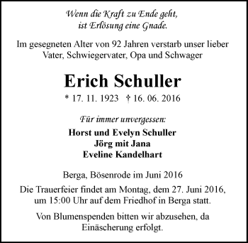 Traueranzeige von Erich Schuller von Mitteldeutsche Zeitung Sangerhausen