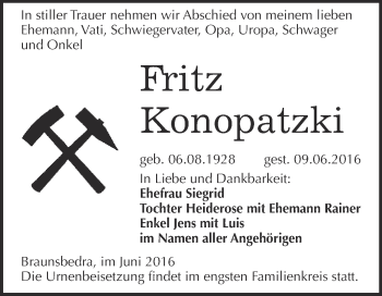Traueranzeige von Fritz Konopatzki von WVG - Wochenspiegel Merseburg