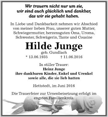 Traueranzeige von Hilde Junge von Mitteldeutsche Zeitung Mansfelder Land
