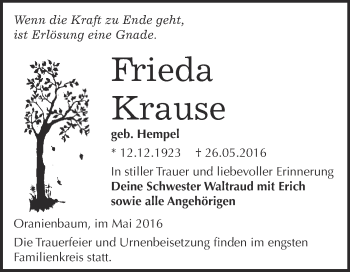 Traueranzeige von Frieda Krause von WVG - Wochenspiegel Wittenberg