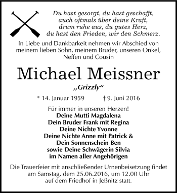 Traueranzeige von Michael Meissner von Mitteldeutsche Zeitung Bitterfeld