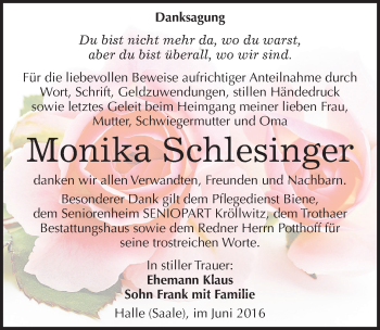 Traueranzeige von Monika Schlesinger von Mitteldeutsche Zeitung Halle/Saalkreis