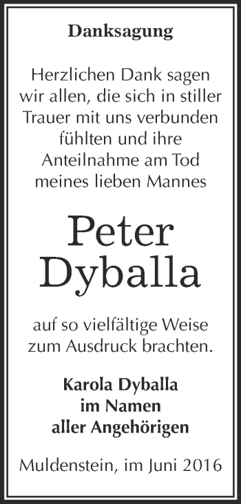 Traueranzeige von Peter Dyballa von WVG - Wochenspiegel Bitterfeld