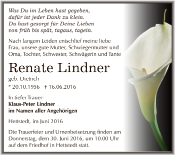 Traueranzeige von Renate Lindner von Wochenspiegel Mansfelder Land