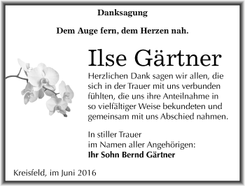 Traueranzeige von Ilse Gärtner von Mitteldeutsche Zeitung Mansfelder Land