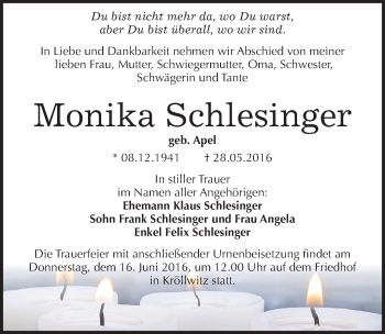 Traueranzeige von Monika Schlesinger von Mitteldeutsche Zeitung Halle/Saalkreis