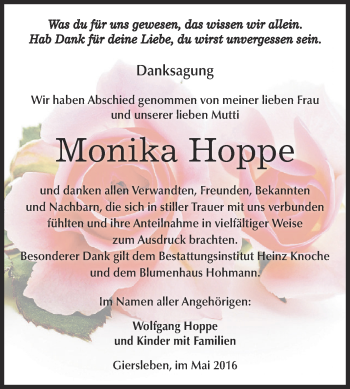 Traueranzeige von Monika Hoppe von Super Sonntag Aschersleben