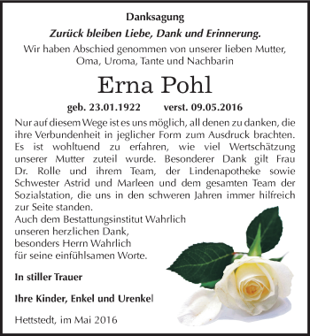 Traueranzeige von Erna Pohl von Mitteldeutsche Zeitung Mansfelder Land