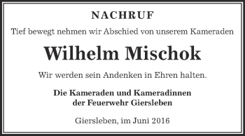 Traueranzeige von Wilhelm Mischok von WVG - Wochenspiegel Aschersleben