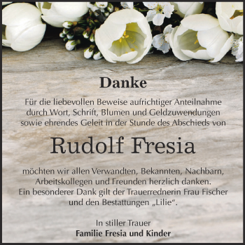 Traueranzeige von Rudolf Fresia von WVG - Wochenspiegel Dessau / Köthen