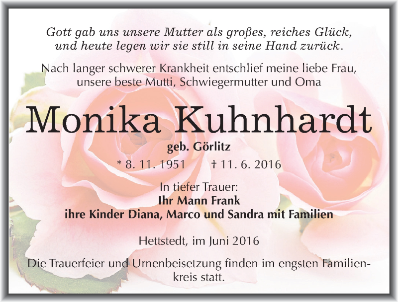  Traueranzeige für Monika Kuhnhardt vom 16.06.2016 aus Mitteldeutsche Zeitung Mansfelder Land