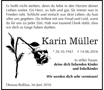 Traueranzeige von Karin Müller von Mitteldeutsche Zeitung Dessau-Roßlau