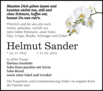 Traueranzeige von Helmut Sander von WVG - Wochenspiegel Dessau / Köthen