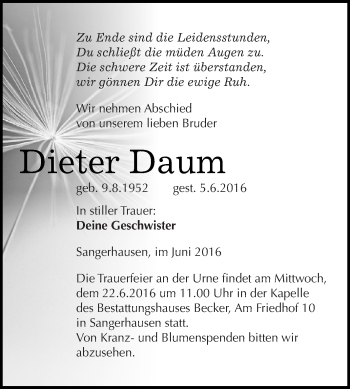 Traueranzeige von Dieter Daum von Super Sonntag SGH Mansf. Land