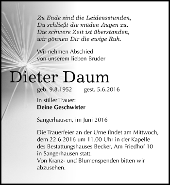 Traueranzeige von Dieter Daum von Mitteldeutsche Zeitung Sangerhausen