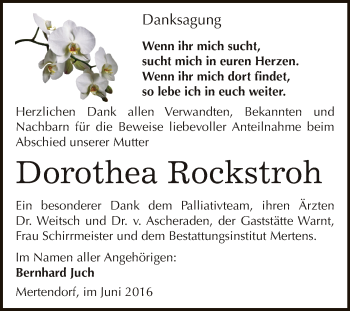 Traueranzeige von Dorothea Rockstroh von WVG - Wochenspiegel NMB / WSF / ZTZ