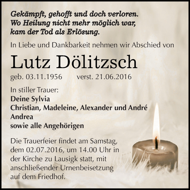  Traueranzeige für Lutz Dölitzsch vom 25.06.2016 aus WVG - Wochenspiegel Dessau / Köthen