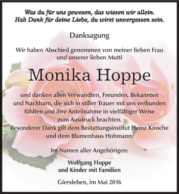 Traueranzeige von Monika Hoppe von Mitteldeutsche Zeitung Aschersleben