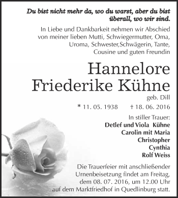 Traueranzeige von Hannelore Friederike Kühne von Super Sonntag Quedlinburg