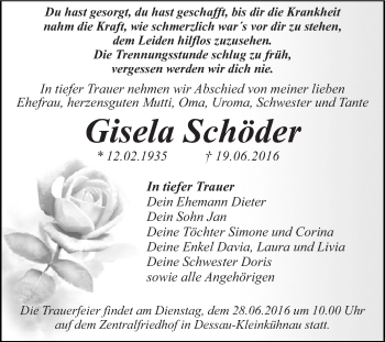 Traueranzeige von Gisela Schöder von WVG - Wochenspiegel Dessau / Köthen