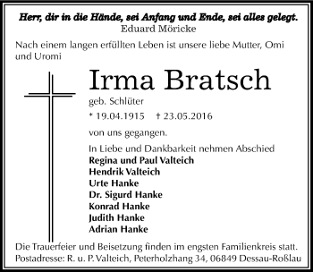 Traueranzeige von Irma Bratsch von Mitteldeutsche Zeitung Dessau-Roßlau